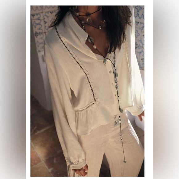 Zara Tops - LACE INSERT SHIRT OYSTER-WHITE . SIZE XL